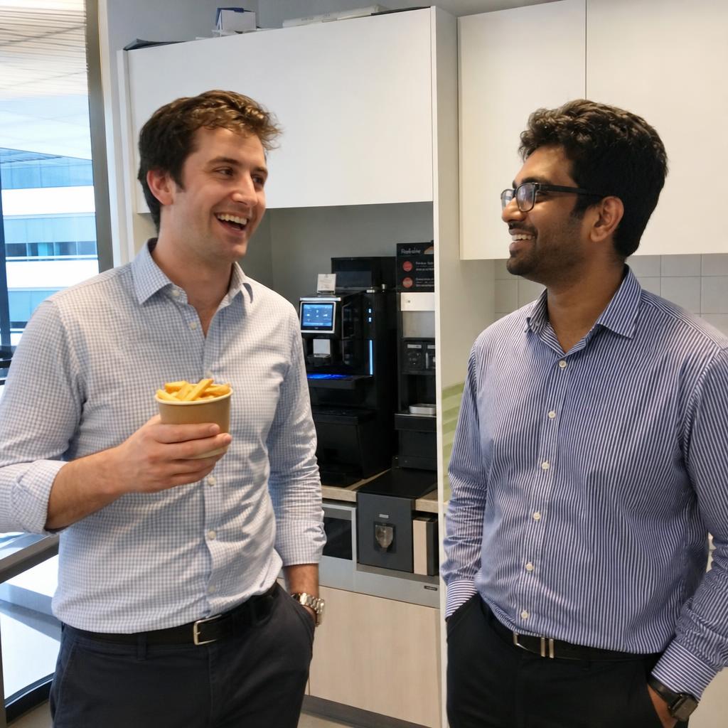 Corporate team enjoying a Chip N Dip chip bar at the office